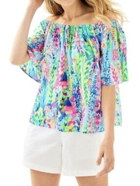 Lilly Pulitzer Catch the Wave Off the Shoulder Sain Top Pom Poms Beach Small